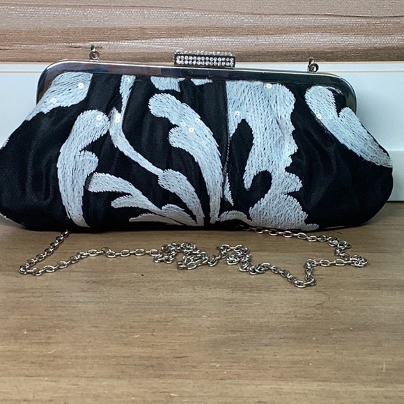Lulu Townsend Black and Silver Sequins Clutch / Shoulder Bag with Floral Design - Picture 1 of 8